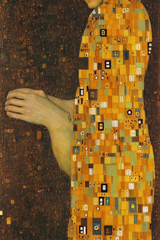 Prompt: robot monk painting a self - portrait on a canvas. intricate, highly detailed, photorealistic, film still, by gustav klimt.