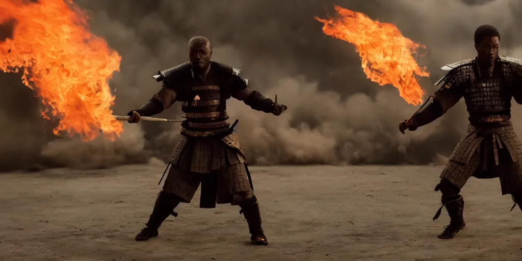 Image similar to a film still of a black man starring in a japanese blockbuster film as samurai on fire, shallow depth of field, cinematic, award winning cgi, vfx, film still