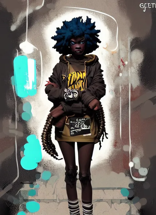 Image similar to highly detailed portrait of a sewer punk african lady, tartan hoody, white afro hair by atey ghailan, by greg rutkowski, by greg tocchini, by james gilleard, by joe fenton, by kaethe butcher, gradient cyan, brown, blonde cream and white color scheme, grunge aesthetic!!! ( ( graffiti tag wall background ) )