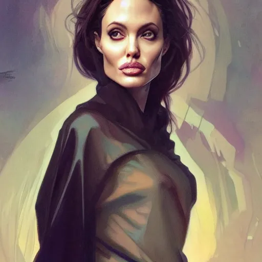 Prompt: portrait of angelina jolie by greg rutkowski, alphonse mucha and ayami kojima, refined, wearing a oversized jumper jumpsuit, scifi, highly detailed portrait, digital painting, artstation, concept art, smooth, sharp foccus ilustration, artstation hq