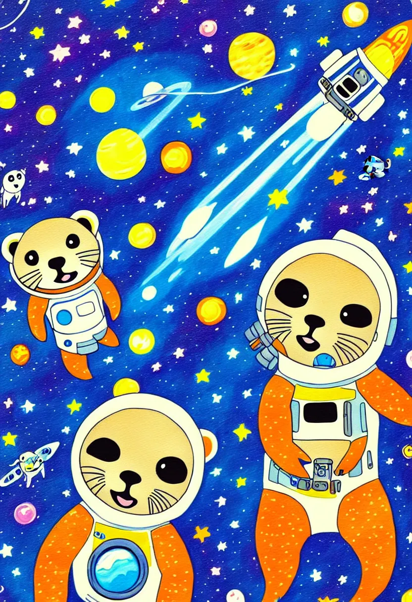 Prompt: childrens storybook cover, gauche painting, a single cute otter astronaut in a space suit floating in outer space. otter space