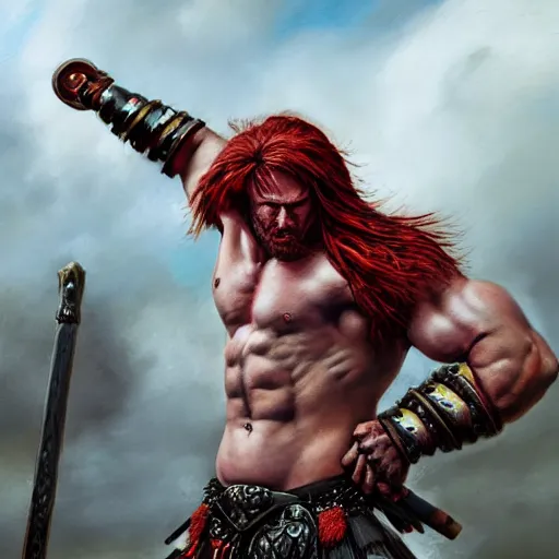 Image similar to bulky muscular scottish warrior with red hair and a kilt, tribal blood red war paintings on his chest, bronze plate armor, 4 k oil on linen by wlop, artgerm, andrei riabovitchev, nuri iyem, james gurney, james jean, greg rutkowski, highly detailed, soft lighting 8 k resolution