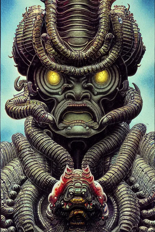 Image similar to japanese oni, character portrait, portrait, close up, concept art, intricate details, highly detailed, soft light, vintage sci - fi poster, in the style of chris foss, rodger dean, moebius, michael whelan, and gustave dore