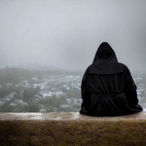 Prompt: black hooded trench coat man sitting on the edge of a castle, gothic, raining, 4k resolution