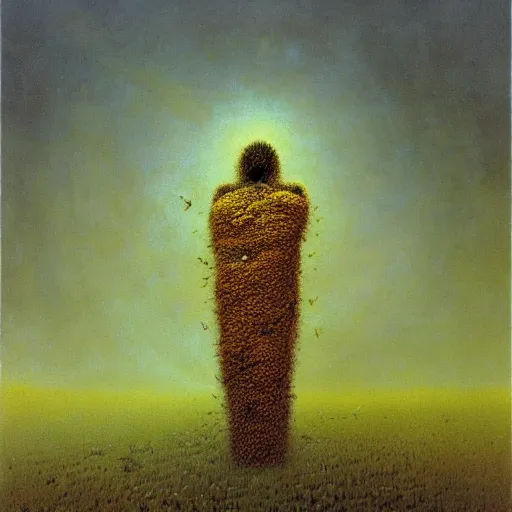 Prompt: arm reaching out of thick fog, surrounded by bees, psychedelic, zdzislaw beksinski