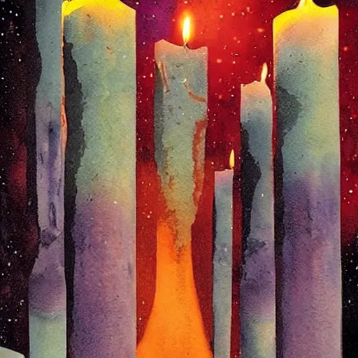 Image similar to tearless ancient cosmic candles, by karel thole, watercolor, trending on cgsociety