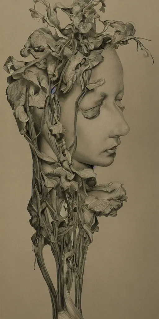 Prompt: the figure of a woman with many heads growing from the stem of a flowering plant, highly detailed, hyperrealism