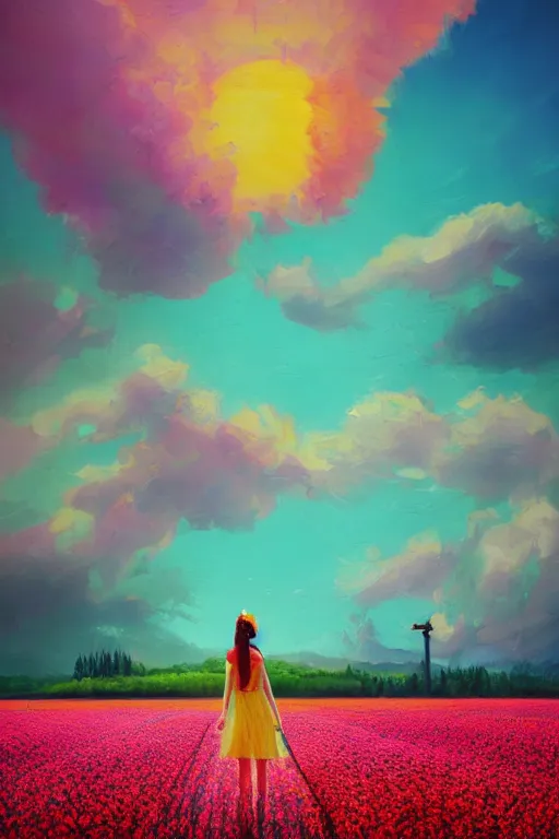 Image similar to giant flower head, girl walking in a flower field, surreal photography, sunrise, dramatic light, impressionist painting, colorful clouds, digital painting, artstation, simon stalenhag