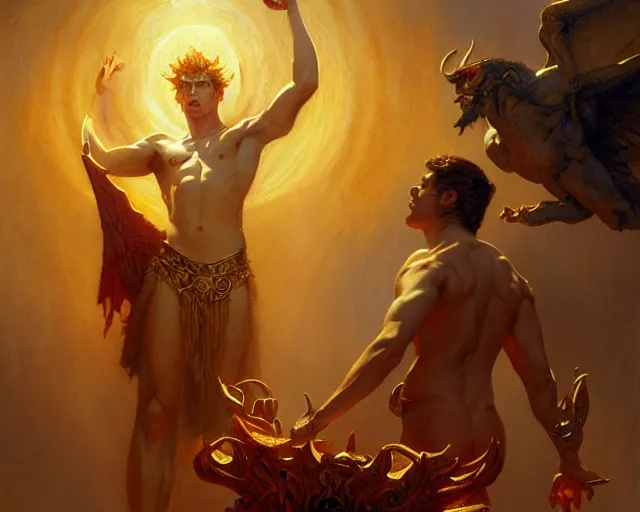 Image similar to attractive male deity, casting demonic magic, summoning handsome lucifer morning star. highly detailed painting by gaston bussiere, craig mullins, j. c. leyendecker 8 k