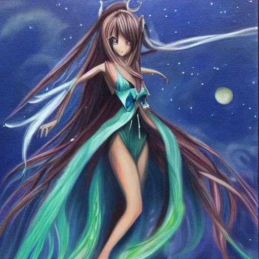 Image similar to oil painting of a long hair anime lady ELF dancing in the moonlight l Trending on Pixiv