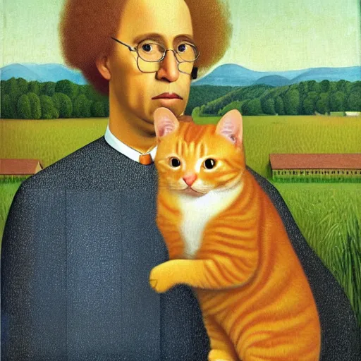 Image similar to fat orange tabby cat, man with afro curly hair in american gothic by grant wood