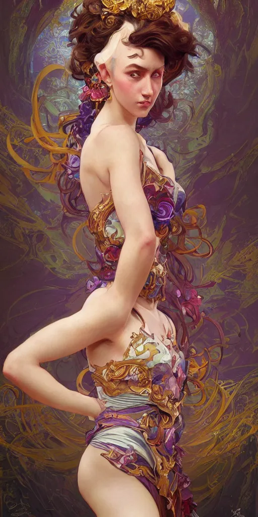 Image similar to portrait of tragedy, expressive pose, acrobatic, rainbow eyes, ornate frilly dress, fantasy, intricate, elegant, highly detailed, digital painting, artstation, concept art, smooth, sharp focus, illustration, art by artgerm and greg rutkowski and alphonse mucha, octane render