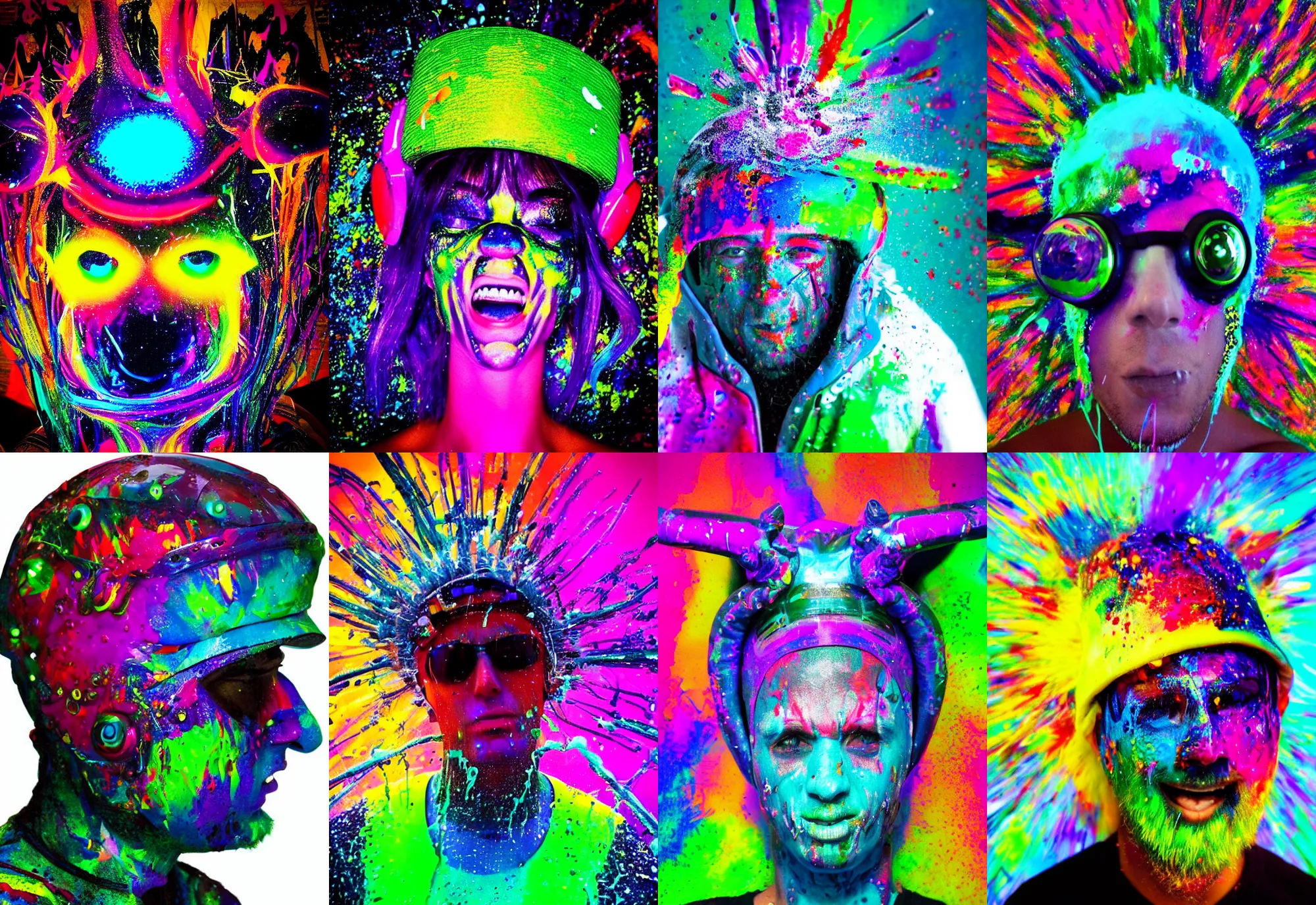 Prompt: “ head closeup, electronic music, paint splashes, colorful, bright, photo real, funny alien hat ”