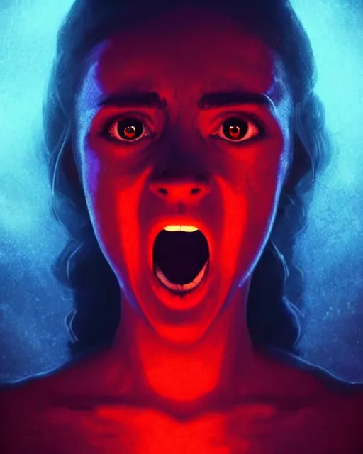 Image similar to beautiful Stella Maeve screaming in fear in a red cave, blue lighting deep in the cave, symmetrical face symmetrical eyes, red hair, portrait, Charlie Bowater character art, no long neck, cinematic lighting