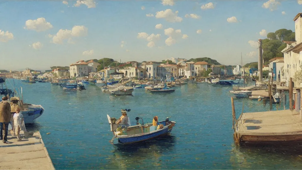 Prompt: a beautiful extremely complex painting of a mediterranean fishing village in summer by peter ilsted, whitewashed housed, tall cypress trees, blue shutters on windows, people walking down a street, fishing boats in the water, beautiful blue water, national gallery of art highlights