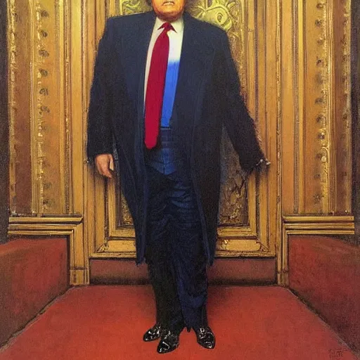 Prompt: full length portrait of huge donald trump dressed as gangster, new york, painted by lawrence alma tadema, zdzislaw beksinski, norman rockwell, jack kirby, tom lovell, greg staples
