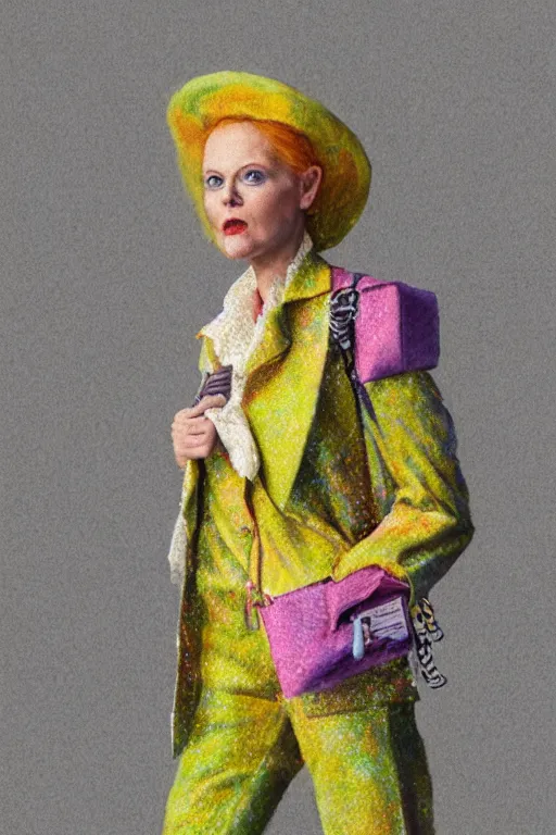 Prompt: a scene with a character wearing a super colorful muted color diy! suit, with a lot of pockets and details, vivienne westwood!, detailed photoreal render octane render, pointillism, oil on canvas, watercolor