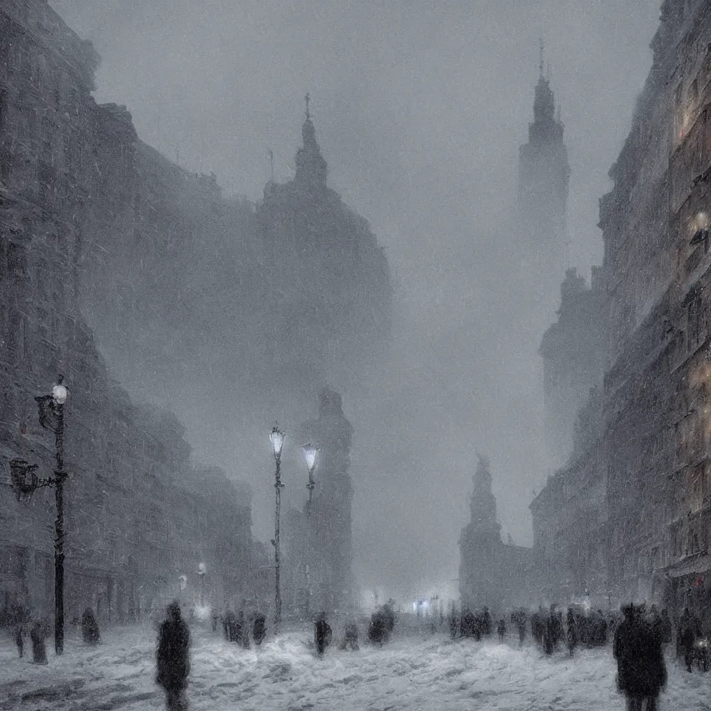 Image similar to 1 9 2 0 s warsaw during an arctic storm, dark, digital art, by james gurney