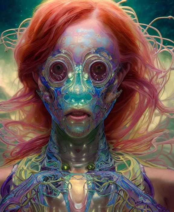 Prompt: ornate colorful transparent portrait of a terrifying beautiful alien sea creature, mottled coloring, adorable, childlike, horror environment, ultra realistic, concept art, art nouveau, photorealistic, octane render, 8 k, unreal engine. art by christopher marley and artgerm and greg rutkowski and alphonse mucha