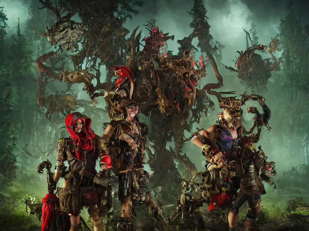 Image similar to red ridding hood and a troop of gamekeepers hunt mystical forest monsters. all wearing a steampunk and neonpunk mechanical fluorescent mystical animal masks. realistic fornite style. full body. product introduction photos. luminescent, elements, by stanley artgerm lau. epic cinematic shot, perfectly defined features, ambient occlusion