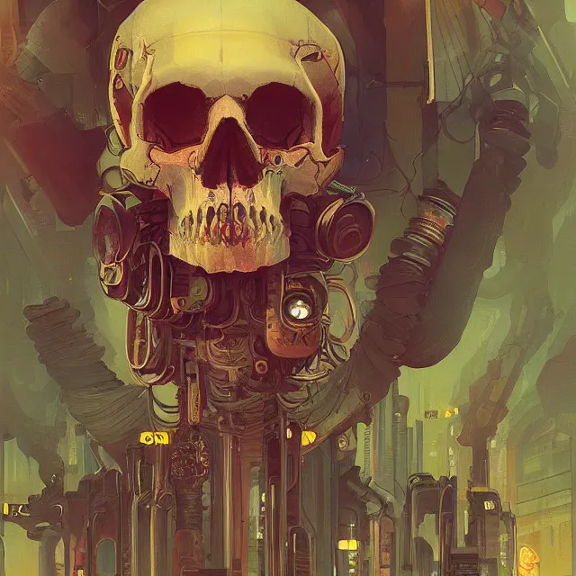 Prompt: a beautiful painting of a ( ( cyberpunk ) ) skull by simon stalenhag and pascal blanche and alphonse mucha! and nekro!. in style of digital art. colorful comic, film noir, symmetry, hyper detailed. octane render. trending on artstation