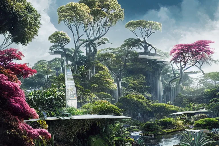 Prompt: brutalist futuristic white Aztec structures, manicured garden of eden, vivid pools and streams, tropical foliage, bromeliads, azaleas, Japanese maples, birds, sculpture gardens, Winter, by Jessica Rossier and Brian Froud