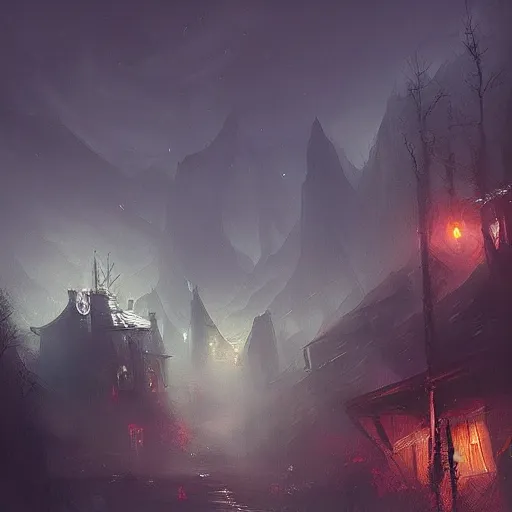 Image similar to this place is truly beautiful and the atmosphere is buzzing the town lights are glowing particularly brightly tonight but I cant stop feeling this ominous presence something is behind us, trending on artstation,