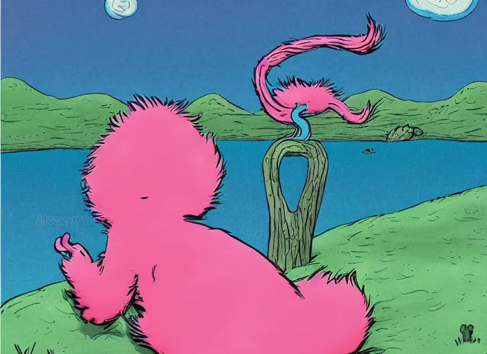 Image similar to dr. seuss sad lonely pretty pink fluffy depressed creature on an island | female | cute but very sad | pity | midnight paintings | intricate detail | bold colors | illustration | lonely barren dreary island | detailed environment