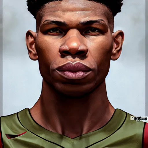 Image similar to giannis antetokounmpo, 3 d character art, wearing basketball jersey, symmetrical facial features, from arknights, hyper realistic, 4 k, rule of thirds, extreme detail, detailed drawing, trending artstation, realistic lighting, by alphonse mucha, greg rutkowski, short neck