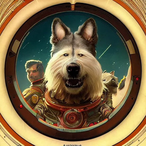 Prompt: realistic heroic picture of Laika the space dog, in a circle frame, art by Artgerm and Greg Rutkowski and Alphonse Mucha