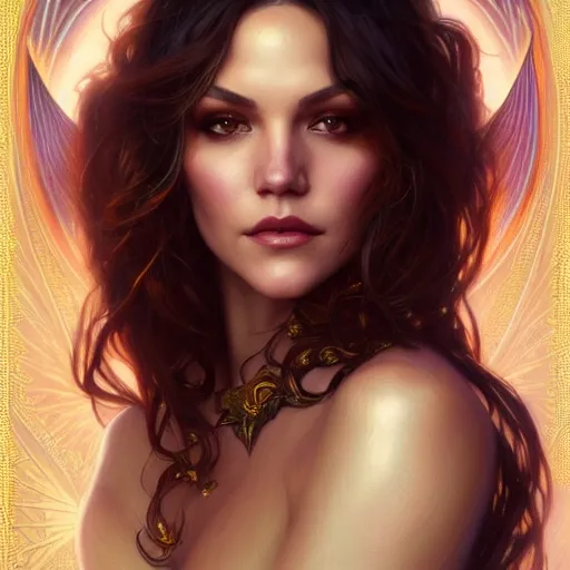 Prompt: Katherine McPhee as a fantasy magic woman portrait, sci-fi, amber eyes, face, long hair, fantasy, intricate, elegant, highly detailed, digital painting, artstation, concept art, smooth, sharp focus, illustration, art by artgerm and greg rutkowski and alphonse mucha