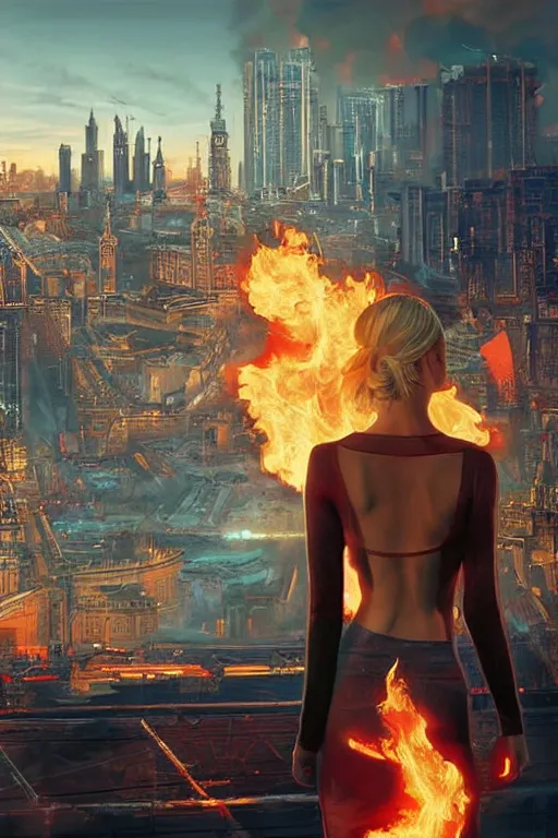 Prompt: in the foreground Saint Petersburg in cyberpunk, in the background a magnificent young blonde woman from behind playing with flames coming out of her hands wearing a long matrix-style jacket, realistic, high definition, many details, dramatic scene, symmetrical face, eyes realistic, art of alex ross