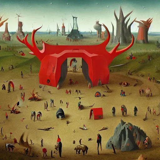 Image similar to the glory of the red antlers, by simon stalenhag in the style of hieronymus bosch