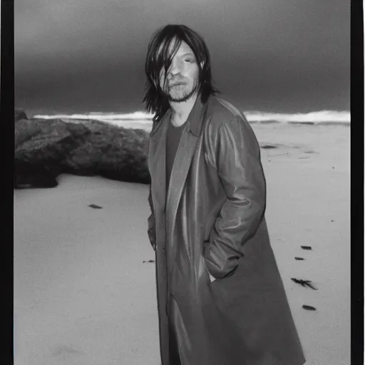 Image similar to 9 0 s polaroid photograph of norman reedus wearing a trenchcoat at night, dancing on a beach during cloudy weather, vignette