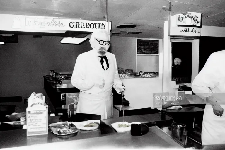 Prompt: Colonel Sanders ordering food in McDonald's cave