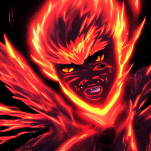 Image similar to key anime visual of a devil with glowing black eyes; lava flowing; close up shot; trending on Pixiv