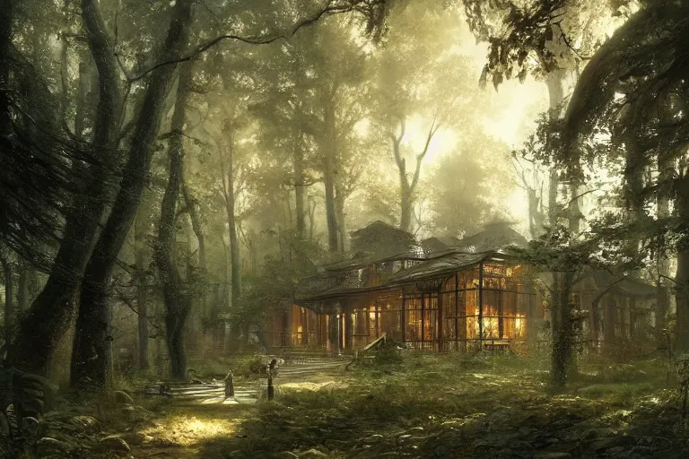 Prompt: [ contemporary house ] stands in the middle of a maintained forest trending on artstation cgsociety contest winner award winning 4 k intricate detailed golden ratio!! by greg rutkowski and gaston bussiere bright lively atmosphere artstation hd artstation landscape