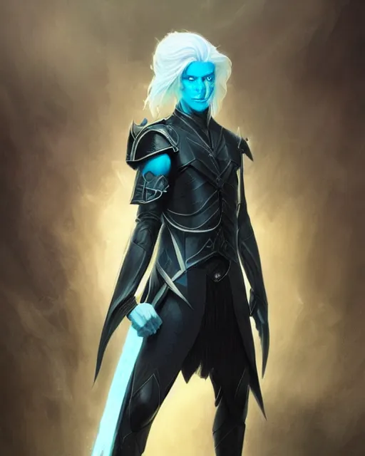 Image similar to character portrait of a slender young half elven man with white hair, piercing turquoise blue eyes, and pale blue skin, wearing sleek black armor, by greg rutkowski and mark brookes and jim burns and tom bagshaw and magali villeneuve, trending on artstation