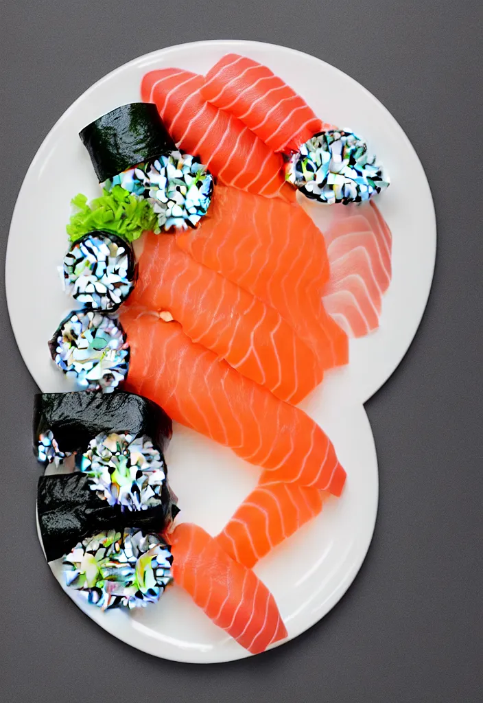 Image similar to extreme closeup of a single plate of sushi, hyper minimalist geometric 9 0 s graphic design in the style of buro destrukt and die gestalten verlag