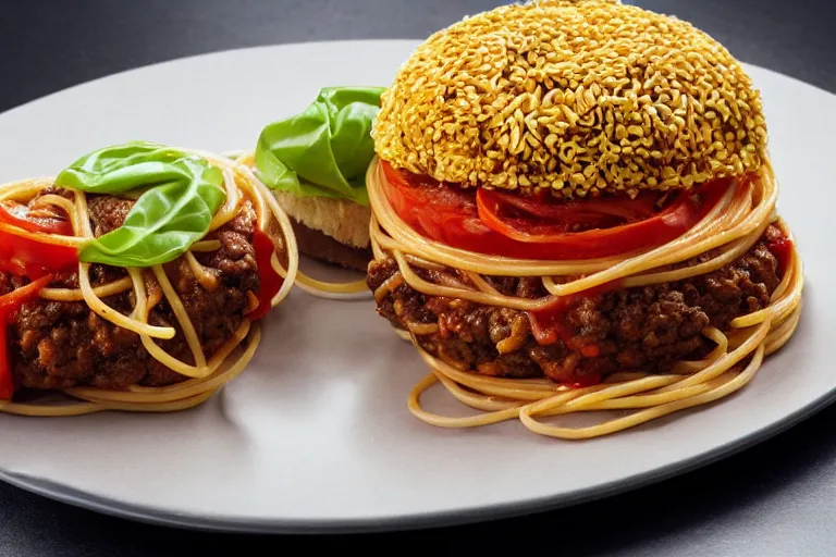 Prompt: spaghetti burger, commercial photography