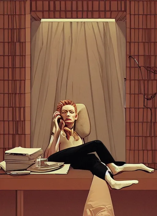 Image similar to Twin Peaks poster artwork by Michael Whelan, Bob Larkin and Tomer Hanuka, Karol Bak of portrait of radio host Tilda Swinton lounging in her radio sound booth, alone, late at night, from scene from Twin Peaks, simple illustration, domestic, nostalgic, from scene from Twin Peaks, clean, cover of New Yorker magazine