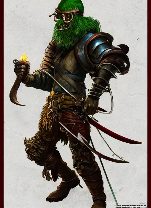 Image similar to strong young man, photorealistic bugbear ranger holding sword, fire magic, black beard, dungeons and dragons, pathfinder, roleplaying game art, hunters gear, jeweled ornate leather and steel armour, concept art, character design on white background, by norman rockwell, makoto shinkai, kim jung giu, artstation trending, poster art, colours red and green