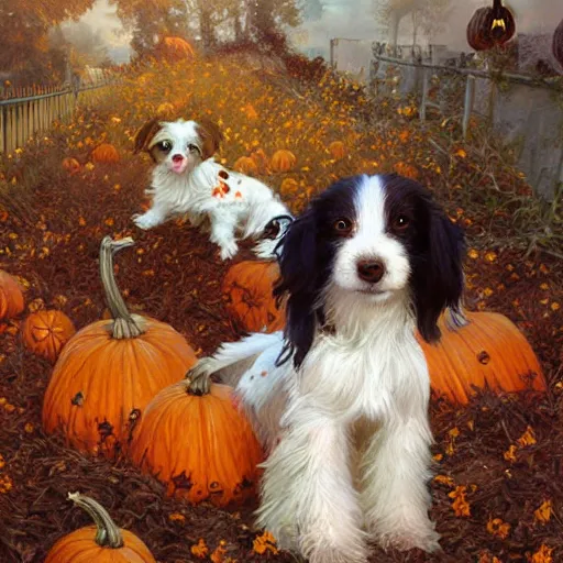 Image similar to a very cute scruffy long haired jack russell terrier puppy, white with chocolate brown spots and a brown patch over both eyes, amidst piles of pumpkins. halloween autumn fall art. beautiful painting by artgerm and greg rutkowski and alphonse mucha