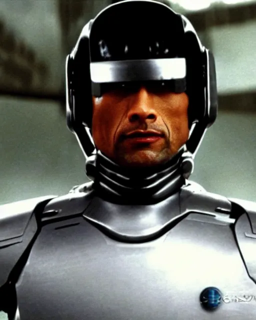 Image similar to film still close - up shot of dwayne johnson as robocop from the movie robocop. photographic, photography