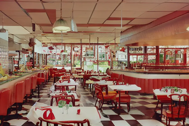 Image similar to 1 9 9 2 watermelon new jersey diner, tables repeat endlessly into the horizon, fruitcore, one point perspective, americana, restaurant interior photography, 5 5 mm