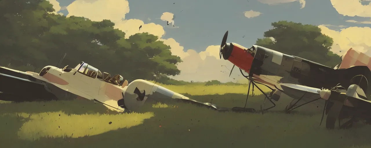 Image similar to japanese zero plane crashing into the ground, atey ghailan, goro fujita, studio ghibli, rim light, stark very bright lighting, clear focus, very coherent