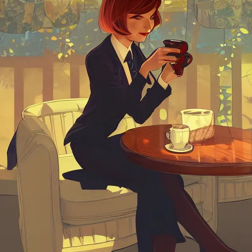 Image similar to a weasel in a suit was drinking tea, surrounded by tea houses ambient lighting, 4 k, lois van baarle, ilya kuvshinov, rossdraws, alphonse mucha, jung gi kim, artstation
