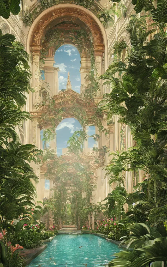 Image similar to cathedral interior with koi pond in the middle surrounded by palm trees, ivy, flowers, tropical plants, roses, and with archways, rendered in octane render with photorealistic lighting, cinematic, horizontal symmetry, a flemish baroque by thomas cole, unsplash, baroque, sanctuary, unsplash contest winner, maximalism, sanctuary