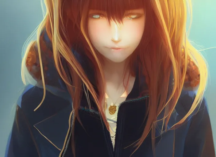 Prompt: teenage girl with sky blue straight hair, bangs, amber eyes, gold eyes, wearing a black jacket, high collar, ultra detailed, concept art, award winning photography, digital painting, cinematic, by wlop, anime key visual, closeup, pixiv, 8 k, yoshitaka amano, ilya kuvshinov,