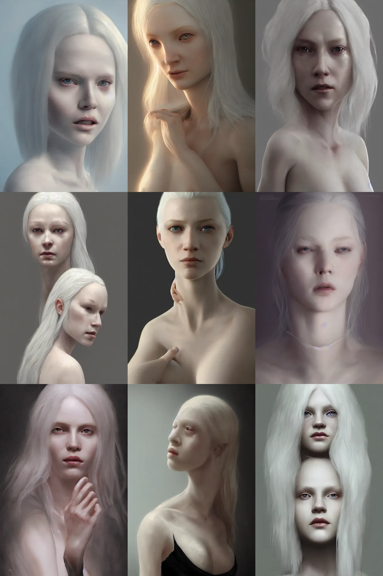 Prompt: A beautiful albino woman with long white, porcelain skin, cinematic lighting, photo realistic, highly detailed, 3D, octane render, digital painting, artstation, concept art, sharp focus, illustration, by greg rutkowski